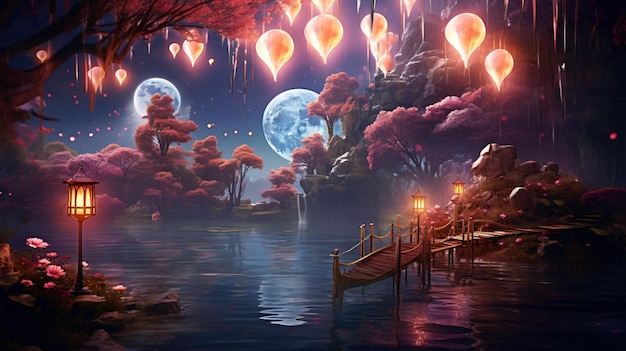 Funghi fantastici con lanterne in magico incantato