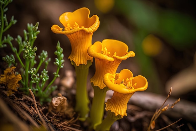 Funghi finferli che crescono nel muschio da vicino