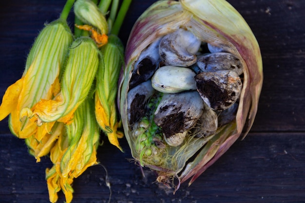 Funghi Huitlacoche con fiori di zucca