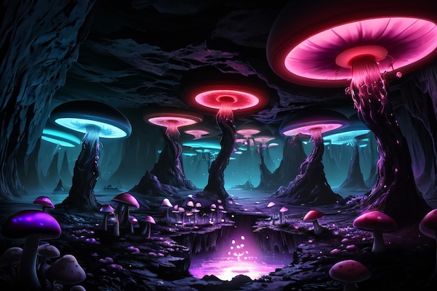 Funghi in grotte sotterranee cartoni animati arte astratta sfondo colorato sfondo