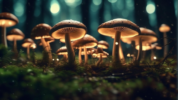 Funghi in una foresta con uno sfondo sfocato