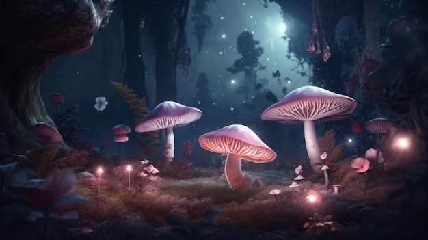 Funghi in una foresta oscura con una luna sullo sfondo