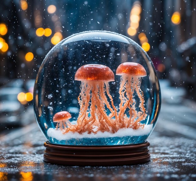 Funghi in una sfera di neve su uno sfondo di legno con bokeh