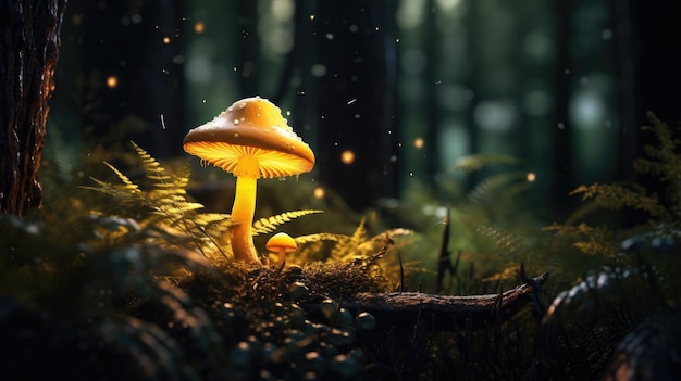 Funghi luminosi di fantasia in un close-up di una foresta oscura creata con la tecnologia Generative AI