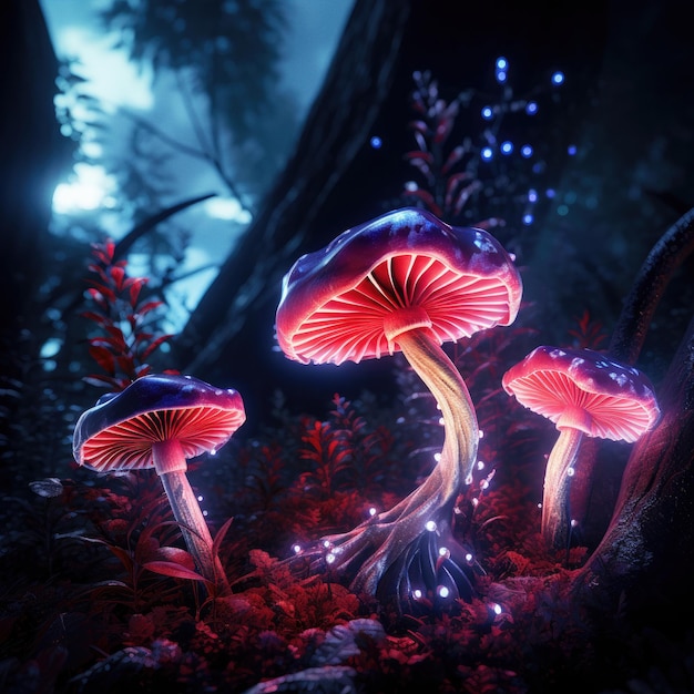 Funghi luminosi nella foresta in stile fantasy crepuscolare