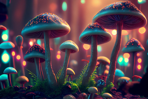 Funghi magici al neon incandescente di fantasia su sfondo scuro Illustrazione