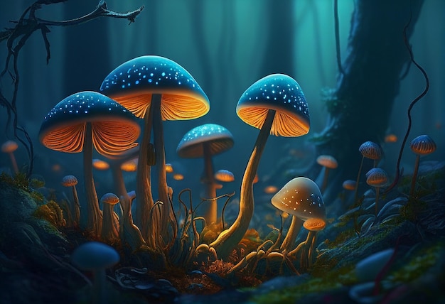 Funghi magici che brillano nella foresta generati dall'AI