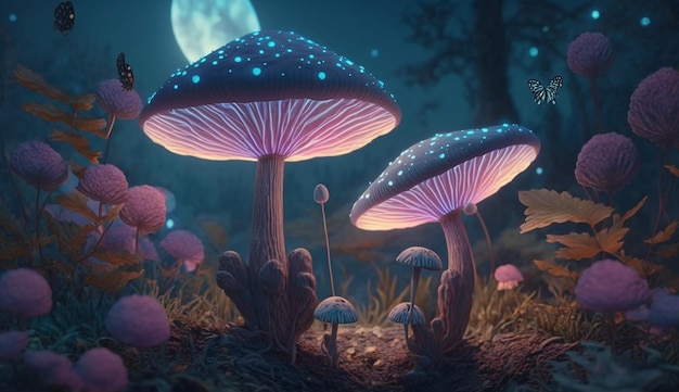 Funghi magici di fantasia nella foresta di elfi sognanti di fiabe incantate