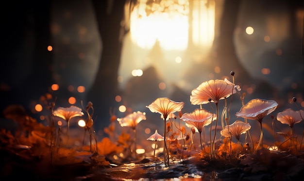 Funghi magici e luminosi nella foresta da sogno di una fiaba incantata Colori autunnali con bagliori al neon