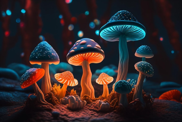Funghi magici funghi velenosi di diversi colori nella foresta