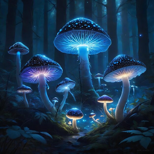 Funghi magici in una foresta oscura e misteriosa Illustrazione al neon di funghi sullo sfondo scuro