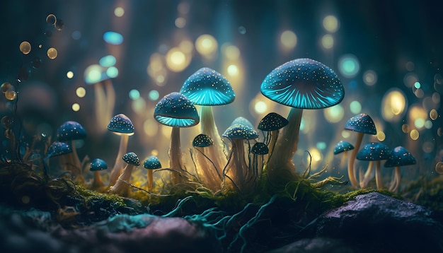 Funghi magici nell'oscura foresta misteriosa