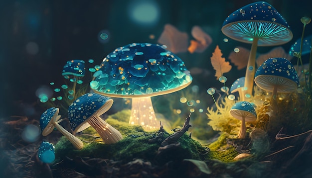 Funghi magici nell'oscura foresta misteriosa