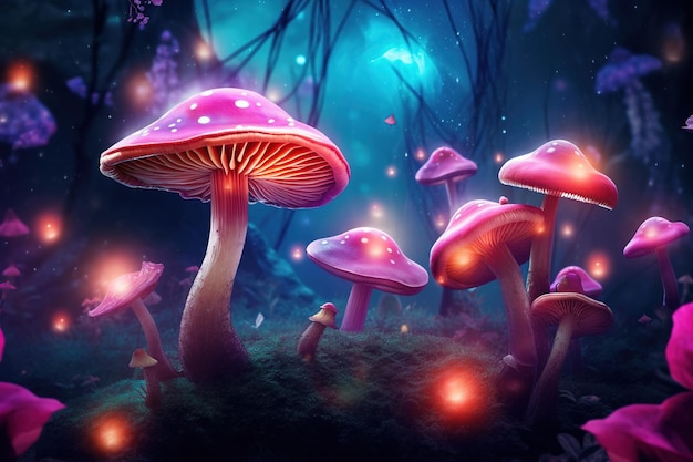 Funghi magici nella foresta di notte Paesaggio magico di fantasia