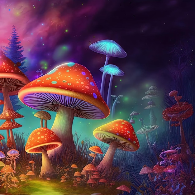 Funghi magici psichedelici in luminosi colori al neon