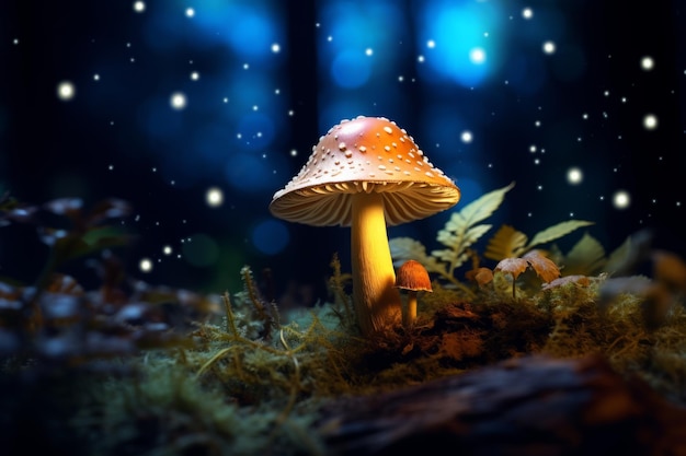Funghi magici vibranti in un campo di foresta buia catturati utilizzando l'AI generativa