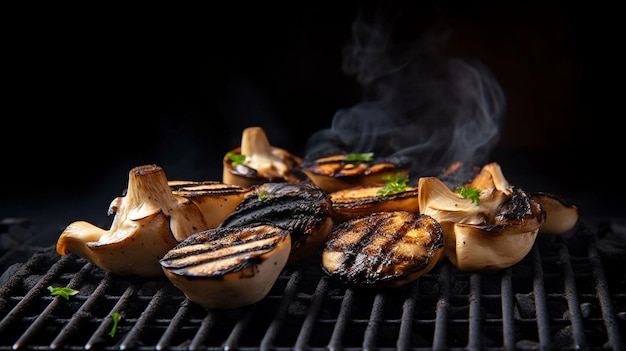 Funghi matsutake grigliati in stile giapponese su carbone di legna IA generativa