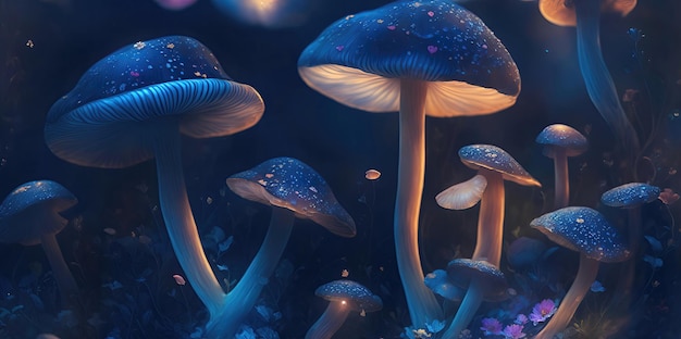 Funghi mistici incandescenti su uno sfondo scuro