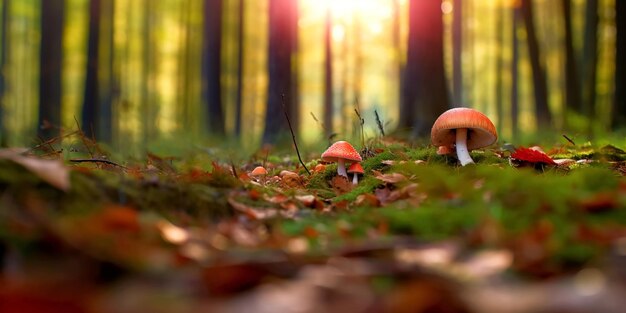 funghi nel campo della foresta autunnale Ramo di bacche di sorbo gocce d'acqua di rugiada mattutina ed erba