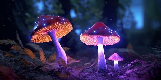 Funghi nella foresta con luci viola su di loro ai generativa