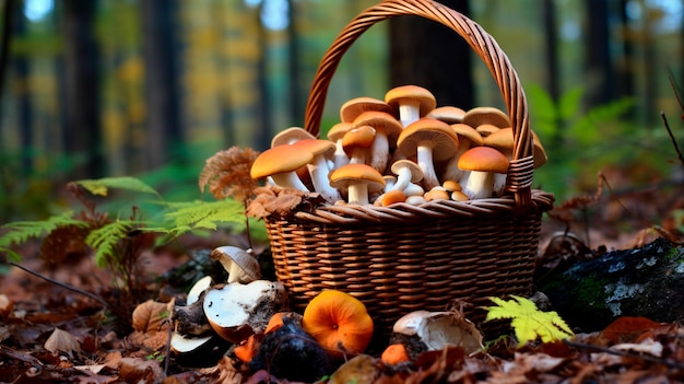 funghi nella foresta raccolti in un cestino