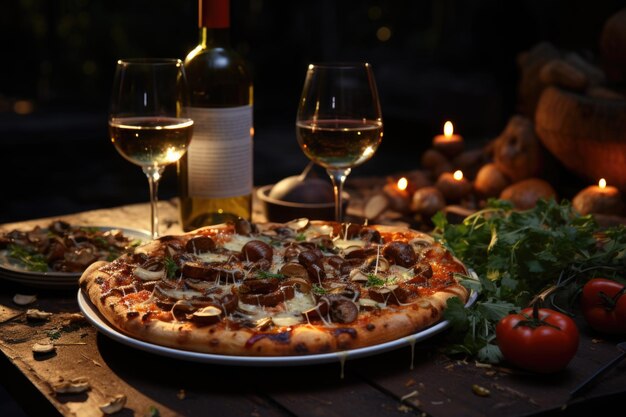 Funghi pizza in una celebrazione dei vini in una cantina in umbria con uve mature generative IA