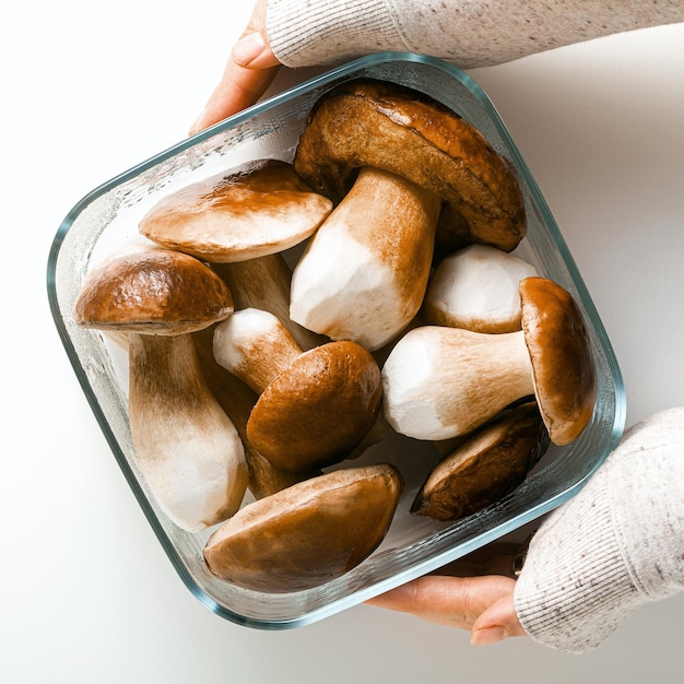 Funghi porcini grandi belli bianchi su sfondo bianco in una ciotola di vetro e mani femminili