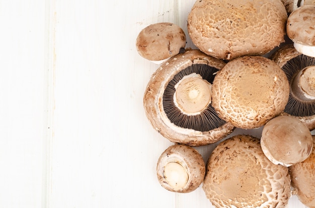 Funghi prataioli coltivati marroni freschi su fondo di legno. Foto dello studio.