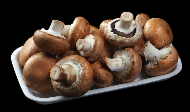 Funghi prataioli freschi dei funghi isolati sul nero