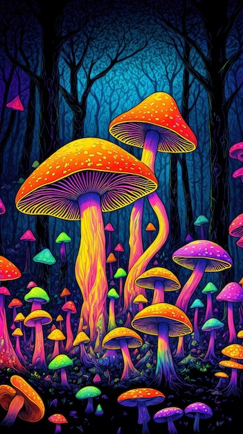 Funghi psichedelici Foresta di fantasia Colori al neon Arte astratta