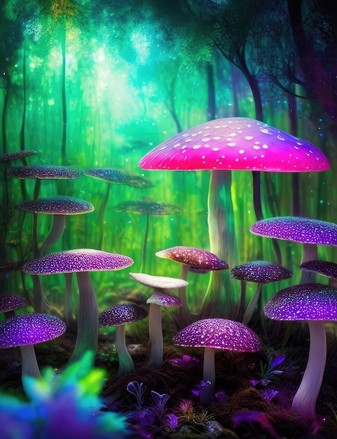 Funghi psichedelici in una foresta di neon IA generativa