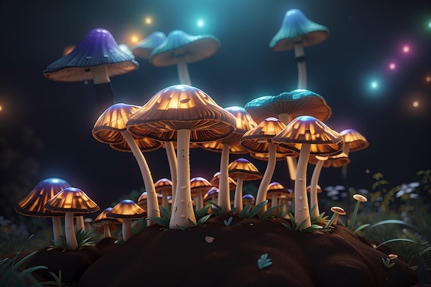Funghi psilocibini illustrazione 3D Comunemente noti come funghi magici un gruppo di funghi che contengono psilocibina che si trasforma in psilocina all'ingestione e causa gli effetti psichedelici