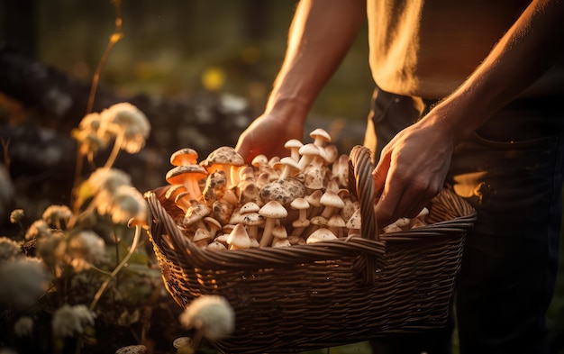 Funghi raccolti a mano Caccia ai funghi in natura