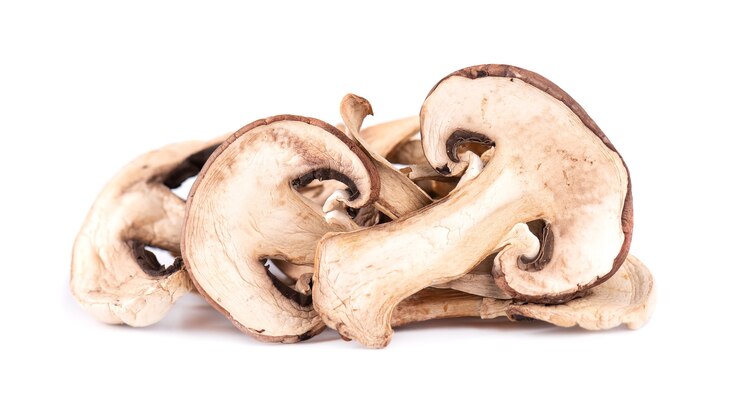Funghi secchi affettati isolati su bianco
