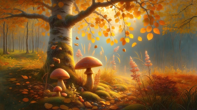 Funghi sotto un albero nella foresta autunnale in tempo soleggiato