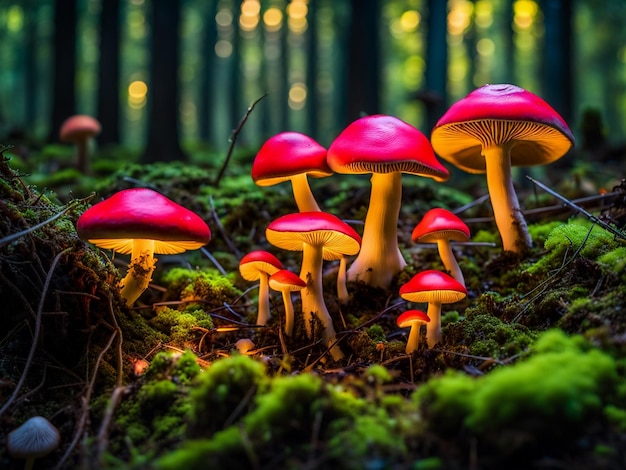 funghi sparati da vicino nell'erba della foresta in autunno