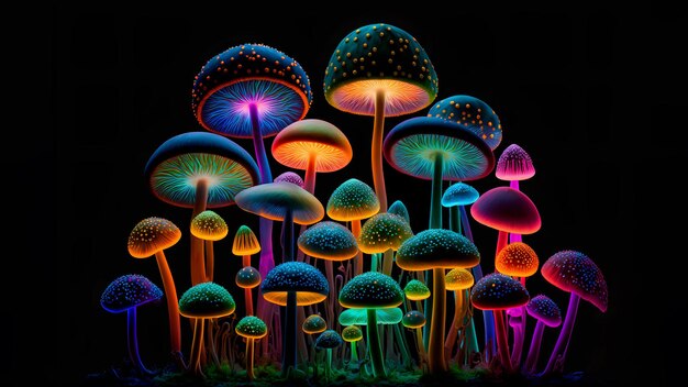 Funghi trasparenti colorati incandescente su sfondo nero rete neurale generata arte