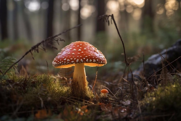 Fungo amanita nel primo piano della foresta AI generato