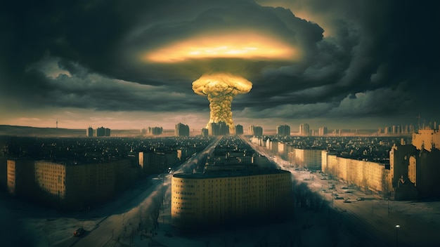 Fungo atomico di esplosione nucleare sopra la città russa alla rete neurale di mattina di inverno ha generato l'arte