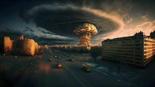 Fungo atomico di esplosione nucleare sopra la città russa alla rete neurale di mattina di inverno ha generato l'arte