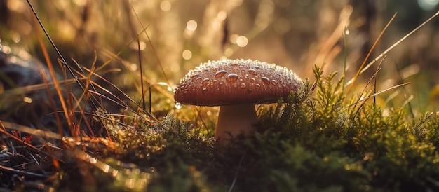 Fungo Boletus in gocce di rugiada nell'erba nella foresta in una soleggiata giornata estiva Illustrazione dell'IA generativa