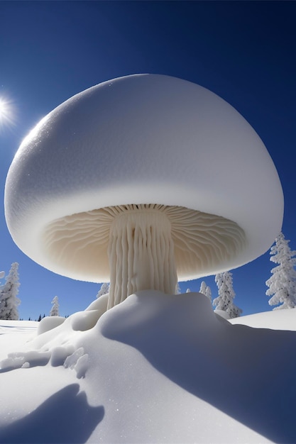 Fungo che si siede in cima ad una collina innevata ai generativa