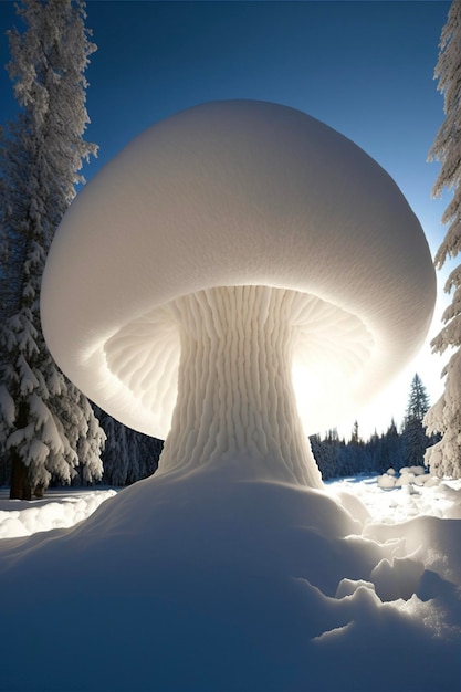 Fungo che si siede nel mezzo di una foresta innevata ai generativa