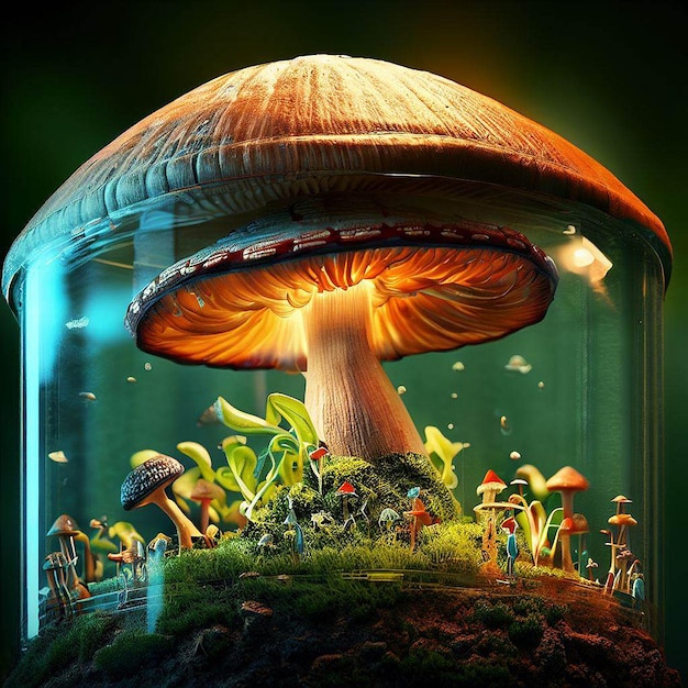 Fungo futuristico e misterioso con casa dei funghi