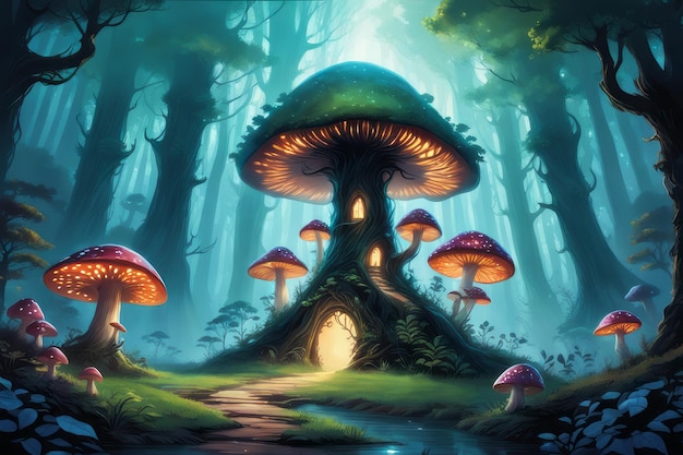 fungo magico nella forestafungo magico nella forestaforesta magica con funghi e funghi il
