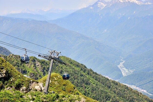 Funicolare con i turisti sullo sfondo delle montagne innevate con erba verde e abeti