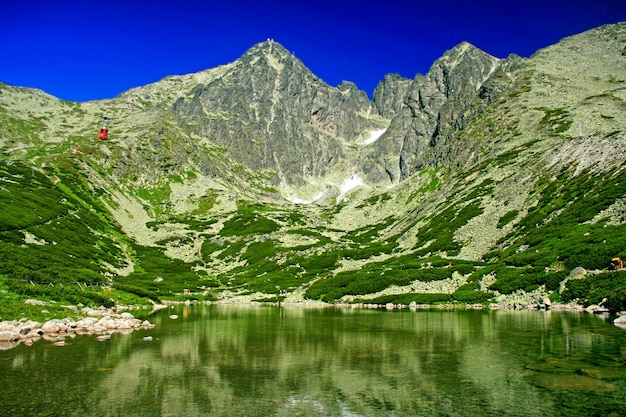 Funivia rossa per raggiungere il picco Lomnicky Stit negli Alti Tatra in Slovacchia