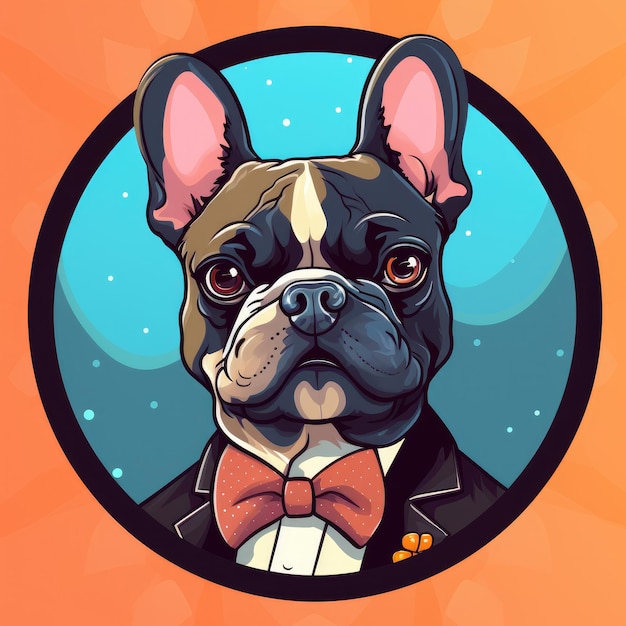 Funky Aristocrat Un logo Bulldog francese alla moda su uno sfondo rotondo colorato