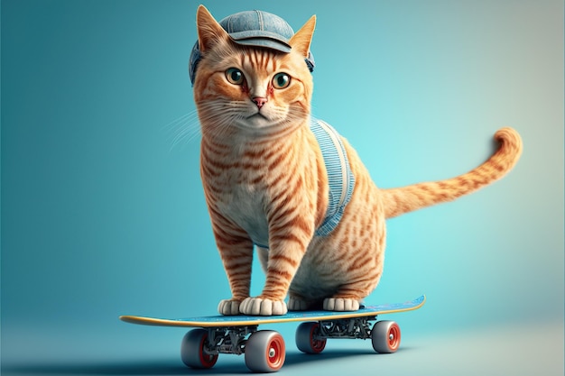 Funky cool skateboard cat, isolato su sfondo blu, Generative AI