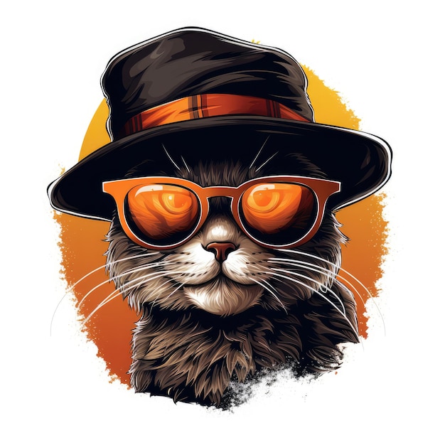 Funky Feline Fashion Tshirt esilarante vettore di un cappello che indossa un design 2D Cool Cat senza sfondo